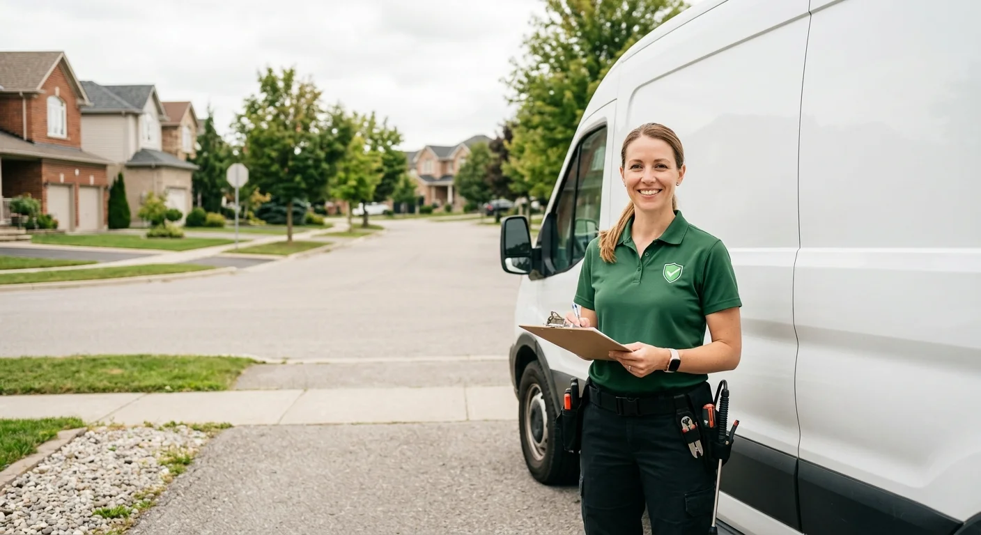 Licensed Check Pest Control technician with a service van in a suburban Ontario neighbourhood