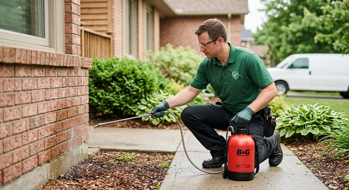 Technician applying a non-repellent perimeter ant treatment along a home’s exterior foundation