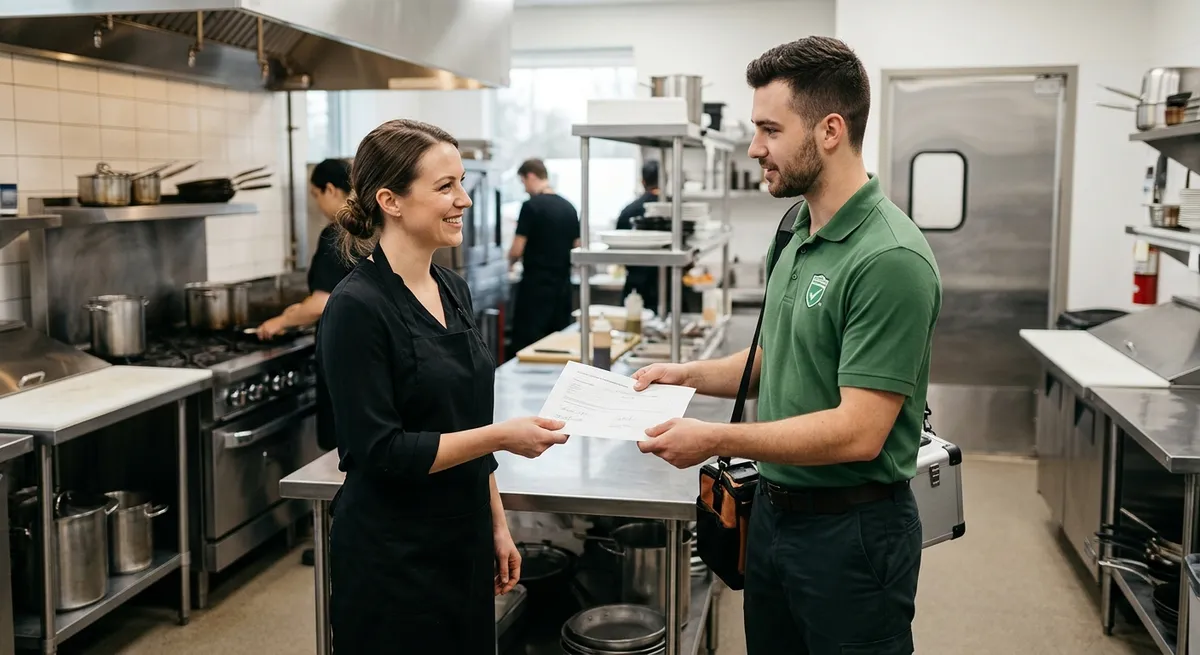 Signed pest control treatment report being handed to a restaurant manager