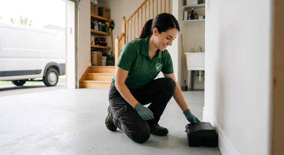 Licensed Check Pest Control technician placing a tamper-resistant rodent bait station along a baseboard