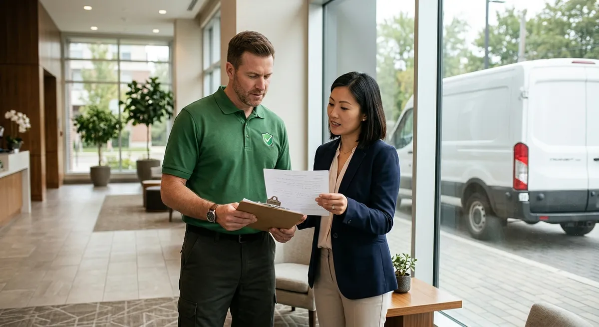 Property manager reviewing a consolidated pest control report with a technician