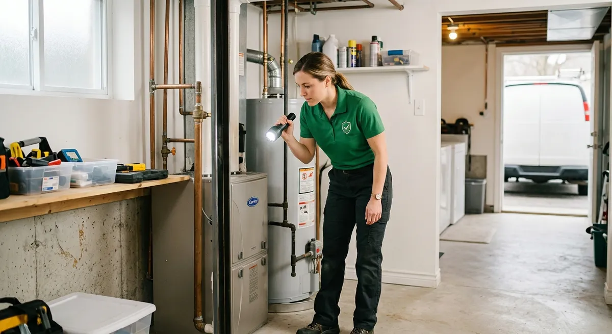 Technician conducting a follow-up re-inspection in a home basement