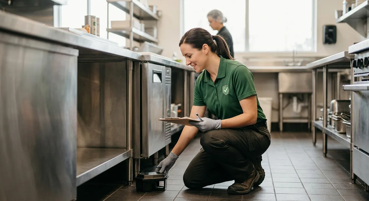 Technician checking a monitoring station in a stainless-steel commercial kitchen