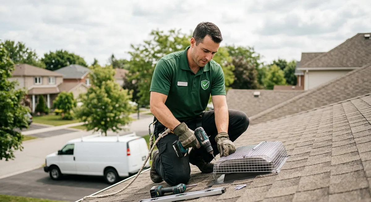 Technician installing a one-way door on a roof vent for humane raccoon removal